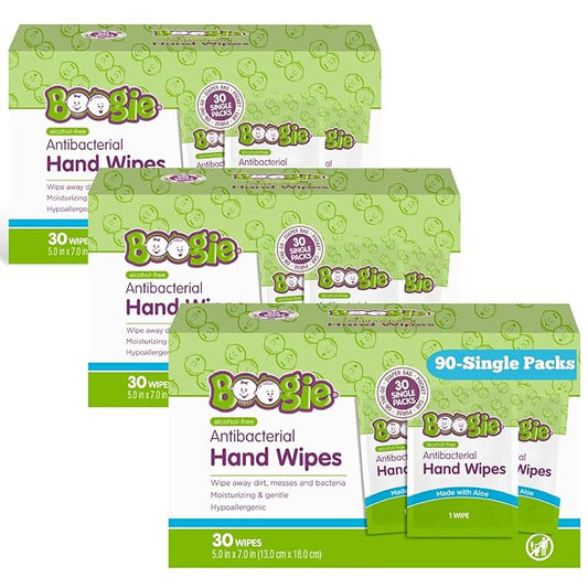 Antibacterial Hand Wipes by Boogie, Alcohol Free, Hypoallergenic and Moisturizing Aloe, Hand Wipes for Kids and Adults, Single Packs, 30 Wipes (Pack of 3)