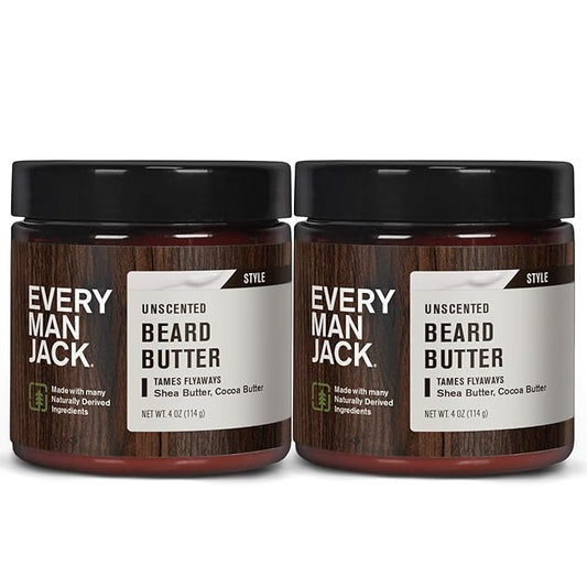 Every Man Jack Unscented Beard Butter - Fragrance Free for Sensitive Skin - Rejuvenates, Hydrates, and Styles Dry, Unruly Beards - Naturally Derived with Shea Butter and Coconut Oil - 4oz (2 Pack)