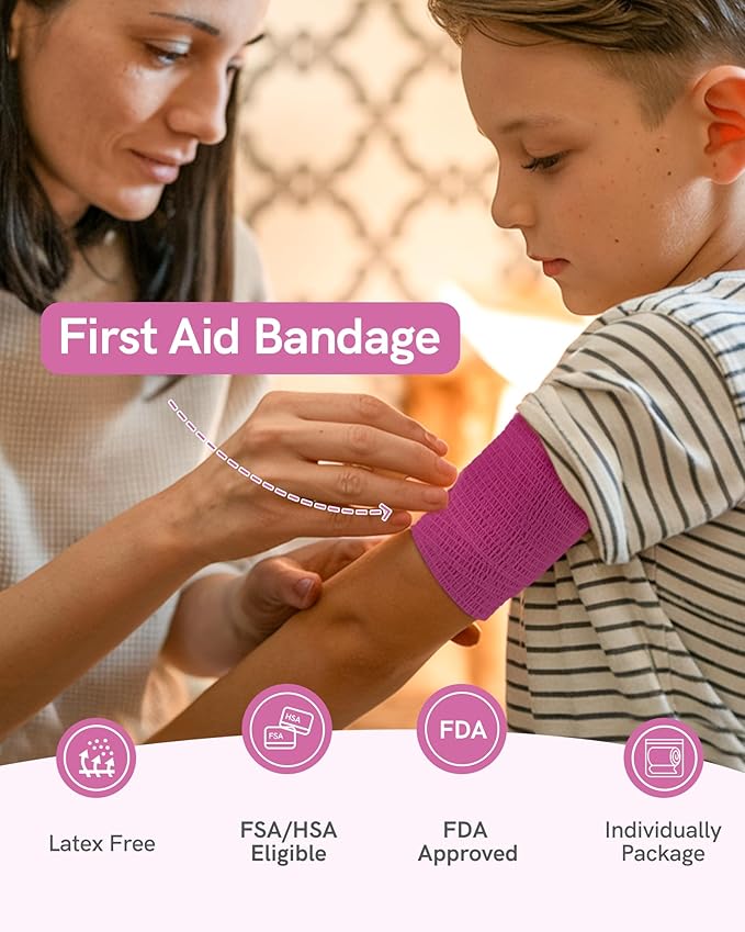FriCARE Self Adhesive Bandage Wrap, Medical Tape in First Aid Kit, Cohesive Bandages for Wounds Sport Vet, 2 Inches X 5 Yards 12 Rolls, Palette