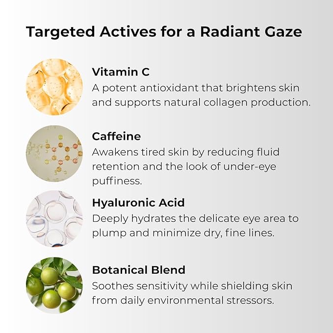 Gle Vitamin C Eye Serum for Dark Circles, Eye Wrinkles and Redness | Dark Circle Under Eye Puffy Eyes Treatment | Caffeine, Vitamin C Hyaluronic Acid | Hydrating & Brightening Scent-Free Travel Size