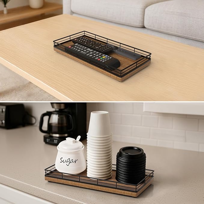 Bathroom Vanity Tray – 12" x 6" Acacia Decorative Wooden Tray for Toilet Tank Organizer Wood Tray for Bathroom Countertop, Soap, Perfume Accessories Storage, Vanity Dresser Decor Black & Acacia