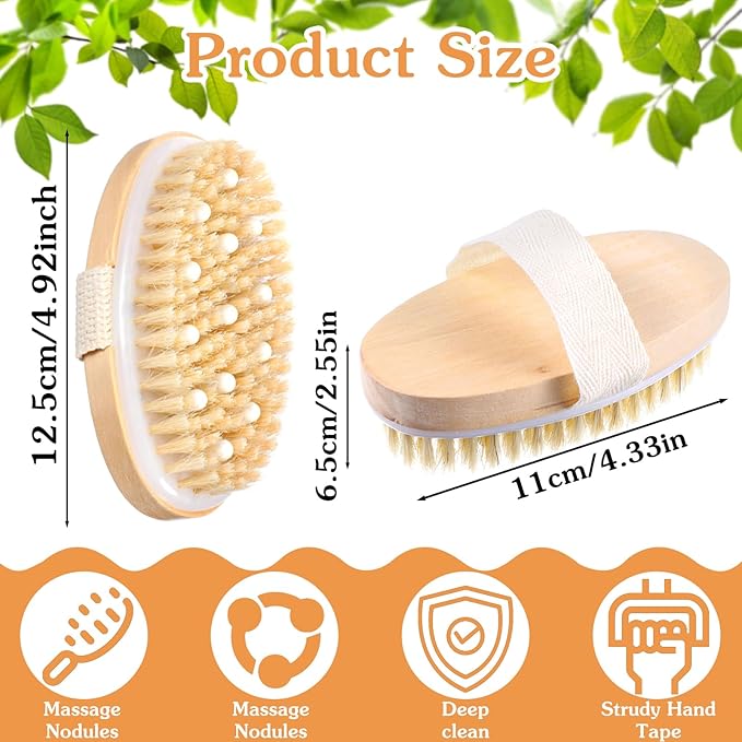 10 Pcs Dry Brushing Body Brush, Natural Bristle Body Brush with Massage Nodes for Lymphatic Drainage and Improving Skin Health and Reduces Acne, Soft Handle with Boar, Brushes for Shower