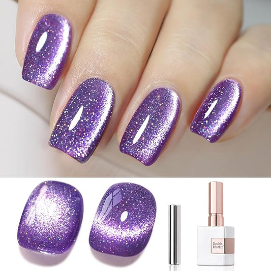 Double Rhythm Cat Eye Gel Polish with Magnet 15ML Jelly Glass Holographic Glitter Shimmer Translucent Sheer Color Magnetic Gel Polish Salon DIY at Home (Dark Purple-MC1066)