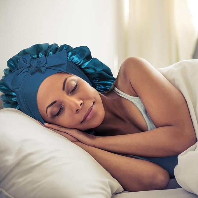 Arqumi 2 Pcs Satin Silk Bonnet for Sleeping Women, Large Long Strap Tie Band Adjustable Sleep Night Cap Hair Bonnet Wrap for Men, Black+Hole Blue