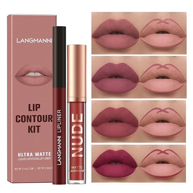 Jolilab 8Pcs Matte Lip Liner + Liquid Lipstick Set, One Step Velvety Nude Lip Stain Waterproof Long Wear High Pigment Lip Makeup Gift Set(#05+06+07+08)