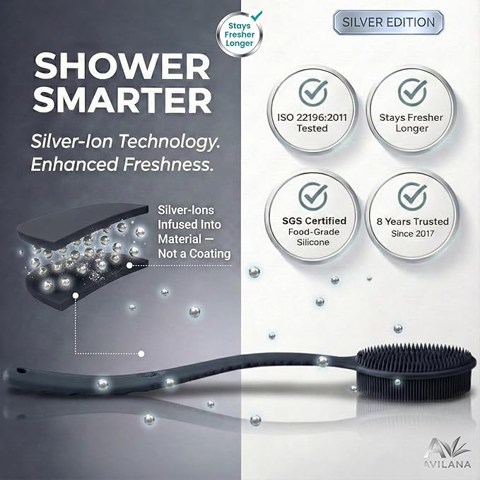 Avilana Silver Edition Back Scrubber Long Handle 19 Inch - Silver-Ion Infused Silicone Bath Brush, ISO Tested Dual Sided, Stays Fresh Extended Reach Back Washer Women Men Seniors Elderly Mobility Gift