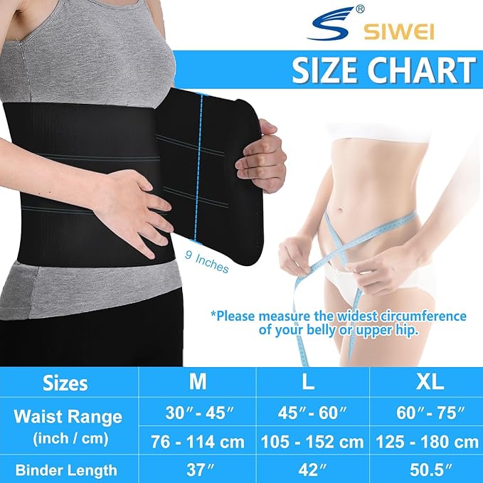 S Abdominal Binder Post Surgery - Elastic Waist Band for Stomach Support & Compression, Bariatric, Tummy Tuck | Latex-free, Breathable Belly Wrap Hernia Belt - (45" - 60") 3 PANEL - 9" BLACK