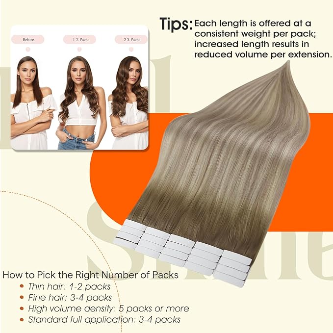 Full Shine Tape in Extensions Human Hair 20Inch Tape in Hair Extensions Balayage Color 8 Ash Brown Ombre 18 Ash Blonde And 60 Platinum Blonde Human Hair Extension 50G 20pcs Seamless Skin Weft Tape ins