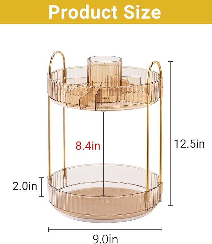 360 Rotating Makeup Organizer,2 Tier Large Capacity Make Up Organizers and Storage,Skincare Perfume Vanity Organizers,Bathroom Cosmetics Storage Organizer Countertop(Gold)