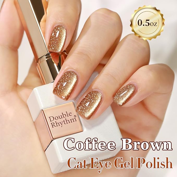 Double Rhythm 15ML Glitter Glass Cat Eye Gel Polish with Magnet Holographic Glitter Shimmer Translucent Sheer Color Salon Soak Off Magnetic Gel Polish at Home (Coffee Brown-MC1063)