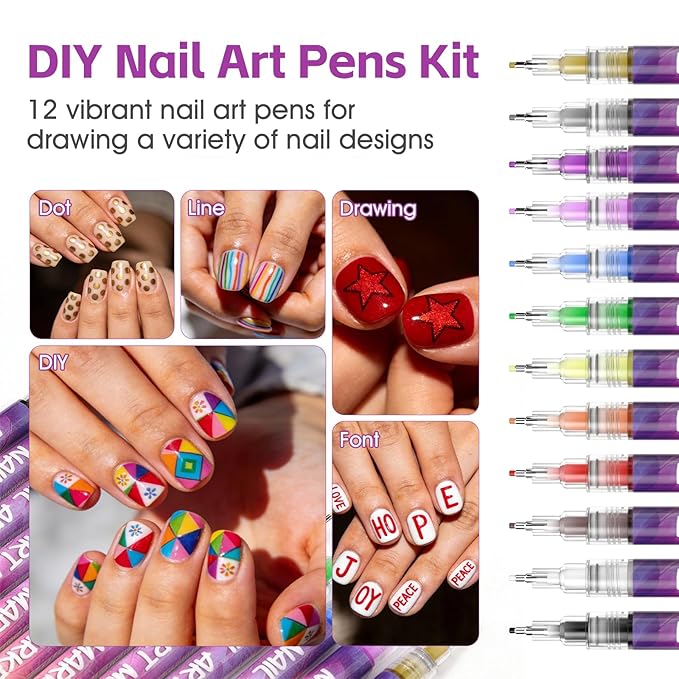 Nail Art Pens Set, 12 Vibrant Colors Nail Art Pens for Painting Nails, Quick Dry 0.5MM Fine Tip Nail Art Polish Markers, Acrylic Nail Pens for Nail Art Creation and Design, Party, DIY