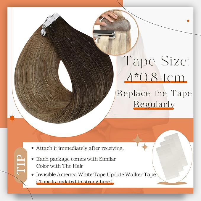 Full Shine Brown And Blonde Tape in Hair Extensions Balayage Color 2/6/18 Natural Tape Extensions Double Sided Hair Extensions Tape Hair Seamless Straight Real Hair Extension 14Inch 20pcs 50G