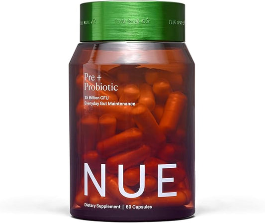 The Nue Co. Pre + Probiotic Supplement - Synbiotic & Spore Based Formula for Daily Gut Balance - Vegan & Gluten Free Immune Supplement - Supports Digestive Wellness, Immunity & Skin | 60 Capsules