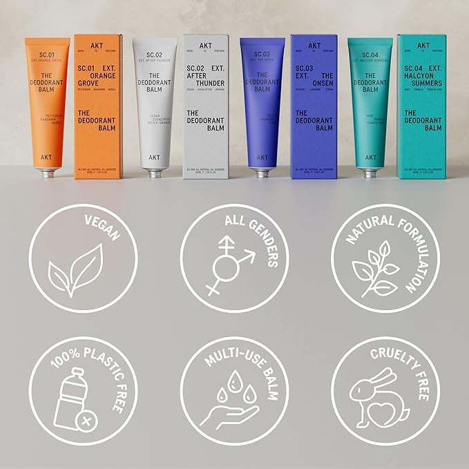 AKT, THE DEODORANT BALM. Award winning, multi-use, natural deodorant. Plastic Free. Gender Free. Aluminium Free. 100% effective — 1 tube lasts up to 3 months. SC.02 AFTER THUNDER. 50ml/1.76 FL.OZ