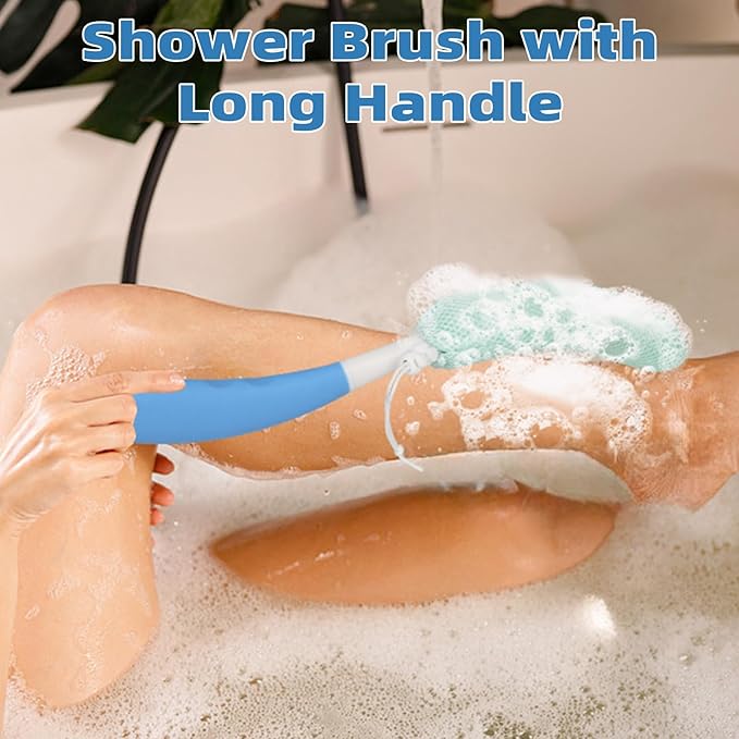 15.35" Back Bath Brush with Sponge,Back Scrubber Bath Mesh with Anti-Slip Curved Long Handle Bath Body Brush for Elderly Aid Bathing and Shower