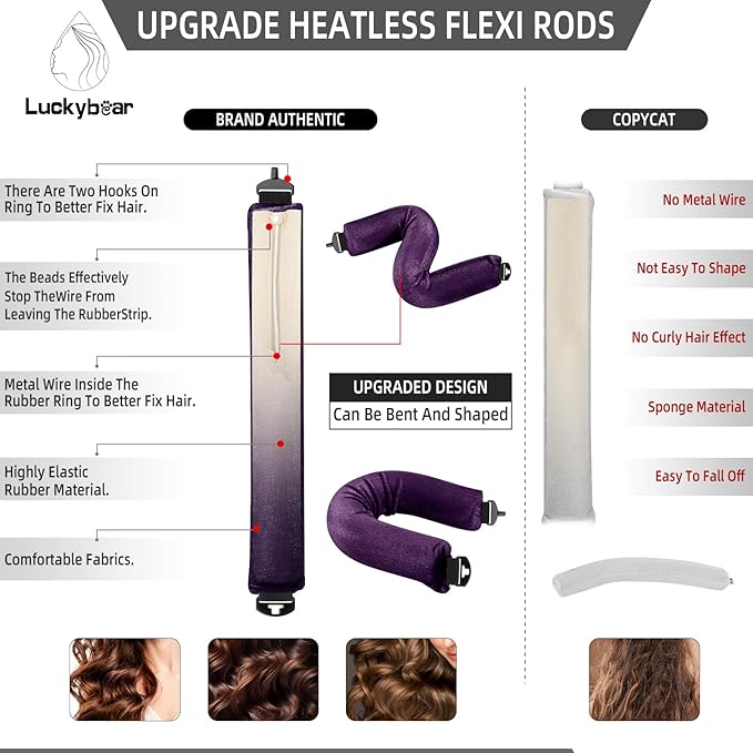 Heatless Curls Overnight Rods Jumbo Set, Heatless Hair Curler Velvet Satin Jumbo Flexi Rods to Sleep in, No Heat Overnight Sleeping Blowout Curls Wave Styling Tools with Silk Scarf 4pcs Purple