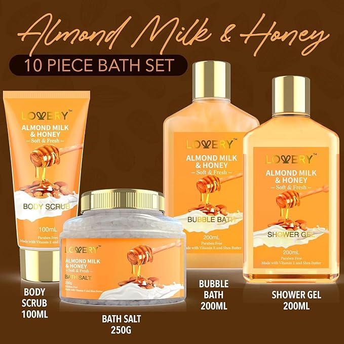 Gifts for Women Gift Basket for Women - 10 Pc Almond Milk & Honey Beauty & Personal Care Set - Valentines Day Gifts for Her Home Bath Package - Spa Self Care Kit - Birthday, Mom, Anniversary Gift