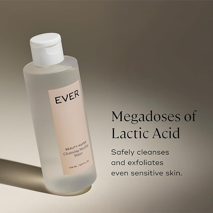 EVER Beauty Water Micellar Cleaning Water & Eye Makeup Remover – Rose Water, Lactic Acid & Pro/Prebiotics Cleanser for Sensitive Skin, Removes Waterproof Makeup, Tones & Hydrates - 5.9 fl oz