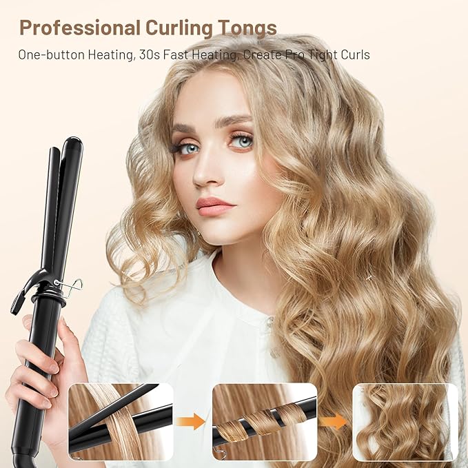 Curling Iron 1 Inch, Long Barrel Ceramic Hair Wand, Fast Heating Hair Curler with 12 Heat Settings with LED Display, Hair Curling Wand Styling and Lasting on All Hair Types, Dual Voltage for Travel
