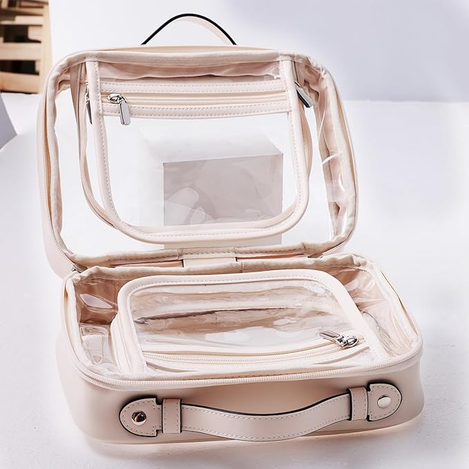 SANHECUN traveling toiletry Case large clear cosmetics case makeup bag (Beige, Small)