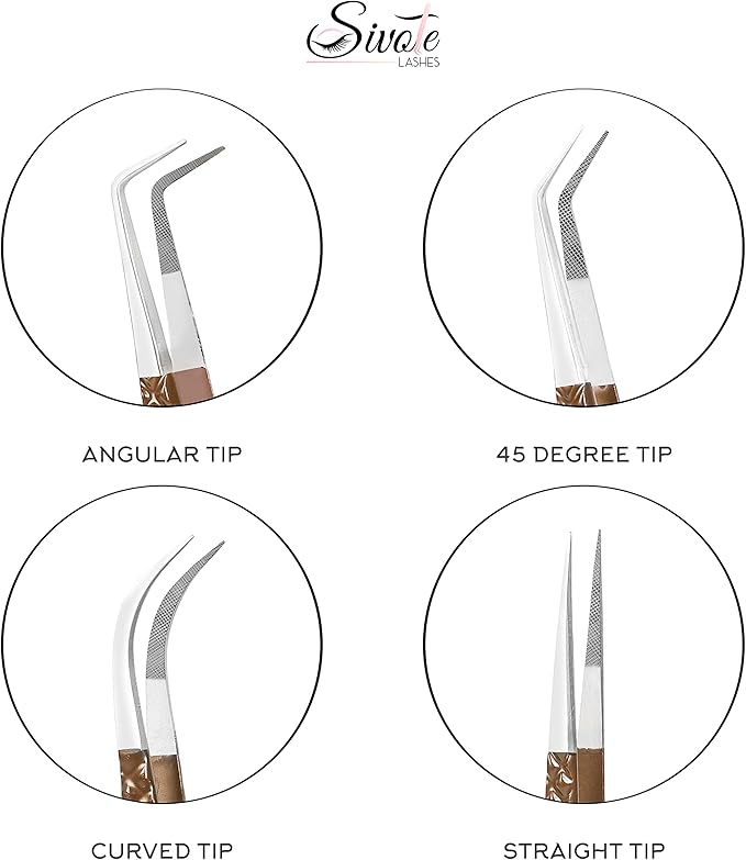 SIVOTE Lash Extension Tweezers Fiber Tips, Set of 4, Curved, Dolphin, 90 Degree & 45 Degree Tweezer, Chocolate
