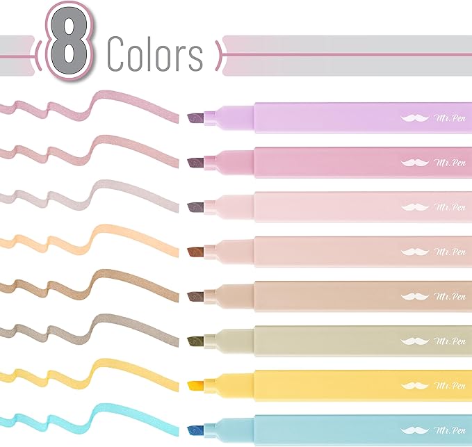 Mr. Pen- Aesthetic Highlighters, 8 pcs, Chisel Tip, Neutral Colors, Cute Highlighters Assorted Colors