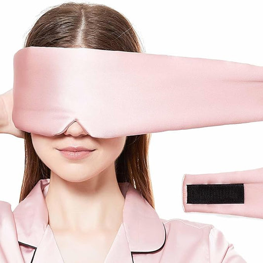 Silk Sleeping Mask Large Wrap-Around Blindfold with Adjustable Velcro Soft Blackout Eye Mask Women (Pink)