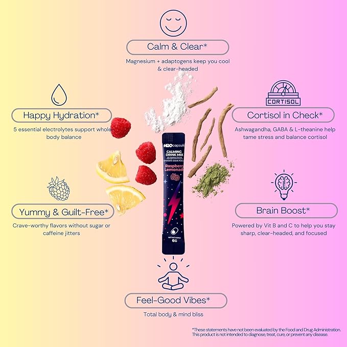 Calm Magnesium Glycinate Powdered Drink Mix with Electrolytes – Sugar Free with Ashwagandha, L-Theanine, Vitamin B 6&GABA – Cortisol Support, Stress Relief, Hydration & Focus - 20 servings (Raspberry)