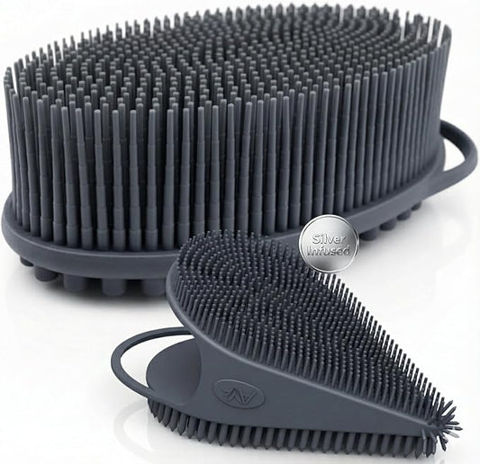 Avilana Silver Edition Body Scrubber and Face Brush Set - Silver-Ion Infused Silicone 2-in-1 Kit, ISO Tested Both Pieces, Stays Fresher Longer Gentle Exfoliating Sensitive Skin Women Men Gift Skincare