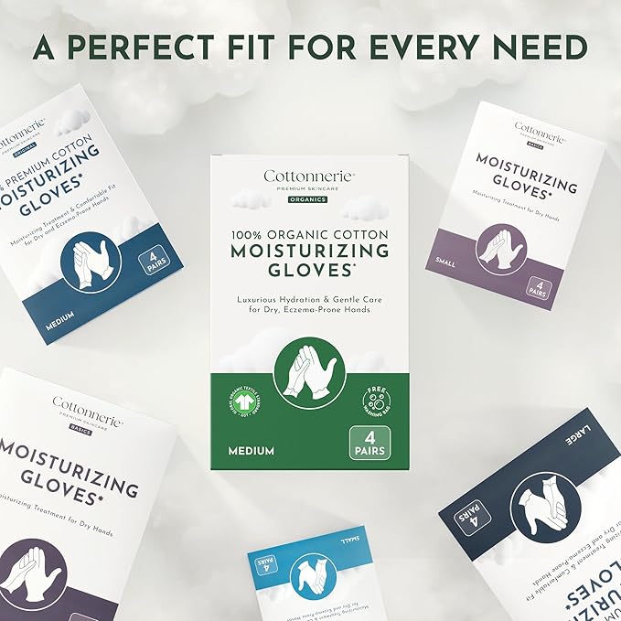 4 Pairs Cottonnerie Organic Cotton Gloves for Dry Hands Sleeping, Moisturizing Gloves Overnight, Hand Moisturizer Gloves, Moisture Gloves for Dry Hands Overnight, Sleeping Gloves, Large