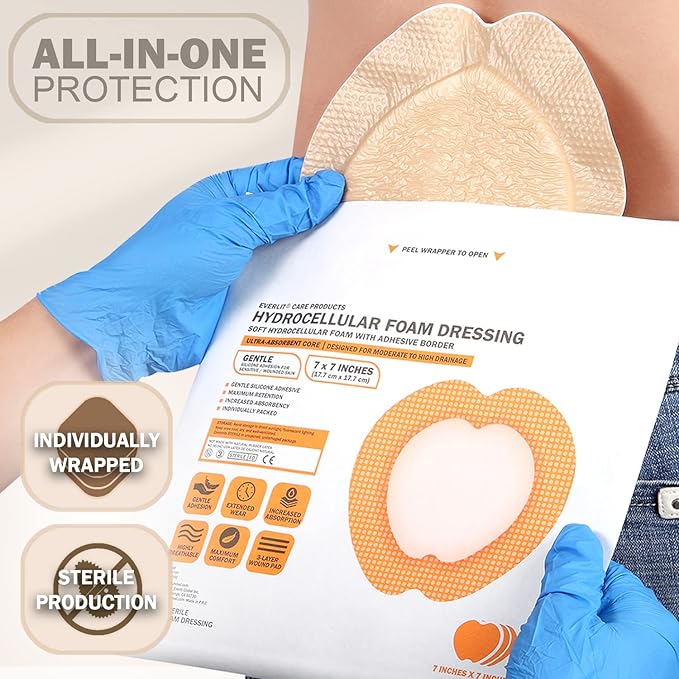 EVERLIT Sacrum Silicone Foam Dressing | Highly-Absorbent Waterproof Sacral Bandage Pad for Bed Sore Pressure Ulcer Wound Care | Sterile Adhesive Dressing for Chronic Wounds (9" x 9" | 10 Pack)