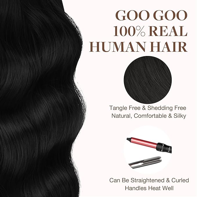 GOO GOO Tape in Hair Extensions Human Hair, 1 Jet black, 14inch 25g 10pcs, Skin Weft Seamless Invisible, Silky Straight with Thick Ends, Remy Human Hair