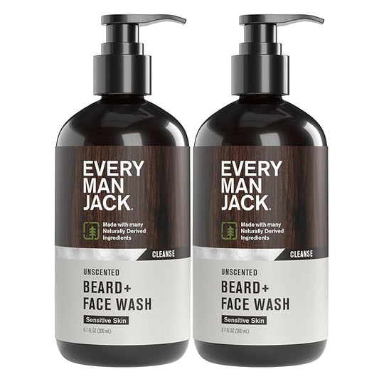 Every Man Jack Unscented Beard + Face Wash - Fragrance Free for Sensitive Skin - Naturally Cleanse and Condition Your Beard and Skin - 6.7-ounce (2 pack)