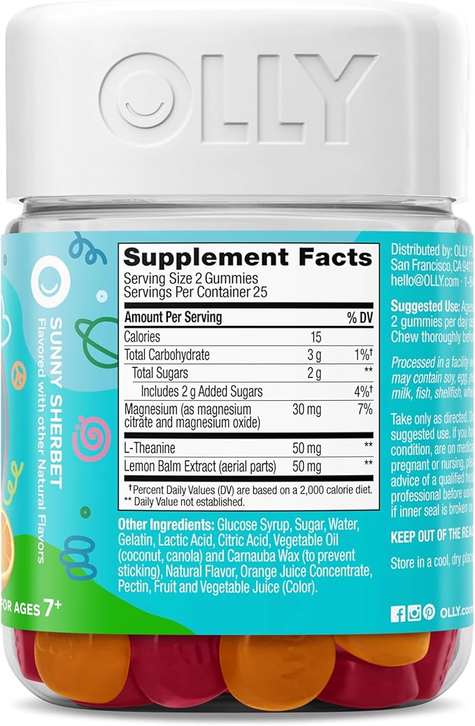 OLLY Kids Chillax Gummy, For a Calm and Relaxed Mood*, Magnesium, L-Theanine, Lemon Balm Extract, Chewable Supplement, Sherbet Flavored, 25 Day Supply - 50 Count (Packaging May Vary)