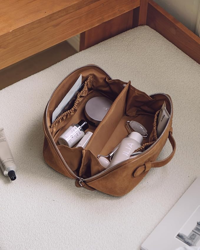 EACHY Leather Makeup Bag, Portable 180° Wide-Open Flat Cosmetic Bag for Women, Large Capacity Make Up Organizer Makeup Pouch with Divider and Handle