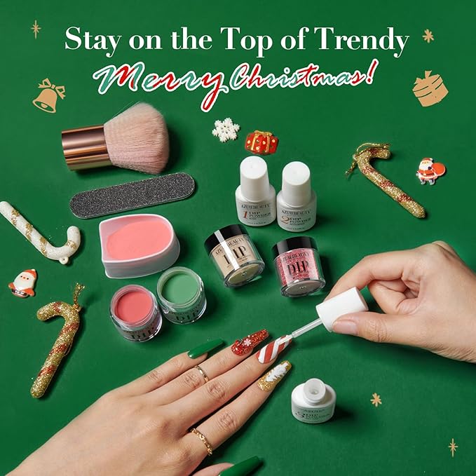 AZUREBEAUTY Christmas Dip Powder Nail Kit, 4 Colors Red Green Gold Glitter Dipping Powder System Liquid Set Recycling Tray, French Nail Art Base & Top Coat Activator DIY Salon.