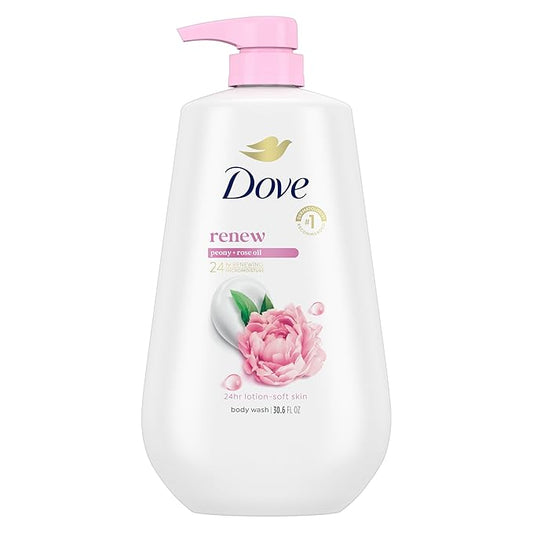Dove Body Wash with Pump Renew Peony & Rose Oil For 24hr Lotion-Soft Skin Moisturizing Skin Cleanser with No Sulfates No Parabens 30.6 Oz