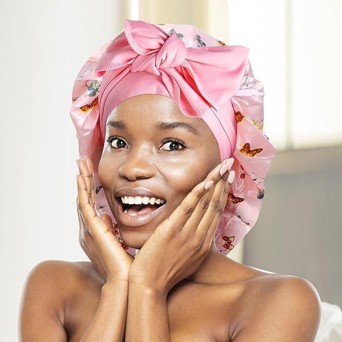 Arqumi Pack of 2 Satin Sleeping Bonnet, Large Sleep Bonnet, Long Strap, Adjustable Sleep Cap Hair Bonnet with Butterfly Pattern, Black+Pink