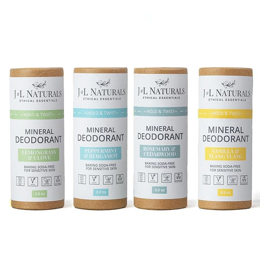 J&L Naturals Mineral Deodorant | Baking Soda-Free, 100% Natural, Sustainable Skin Care | Sensitive Deodorant For Women & Men | Aluminum Free, Vegan, Cruelty-Free (Woody & Spicy, 3 Oz (Pack of 4))