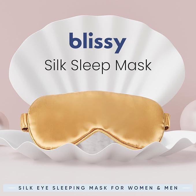 Blissy Silk Sleep Mask - Eye Sleeping Mask for Women & Men for Total Blackout - 100% Pure Mulberry Silk, 22 Momme 6a Fibers - Blindfold Sleep Mask Side Sleeper Eye Cover (Gold)