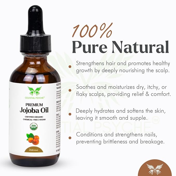 Celestial Psyché USDA Certified Organic Jojoba Oil (2 Oz) 100% Pure Natural, Chemical-Free, Hexane-Free, Hair Growth, Scalp Care, Skin Hydration, Nails Natural Beauty Enhancement, Anti-Aging