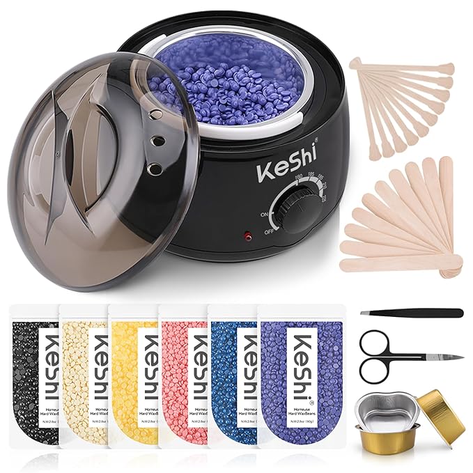KeShi Waxing Kit, Painless Hair Removal Wax Warmer with 6 Bags Hard Wax Beans for Full Body, Legs, Face, Eyebrows & Bikini— Ideal for Both Women & Men