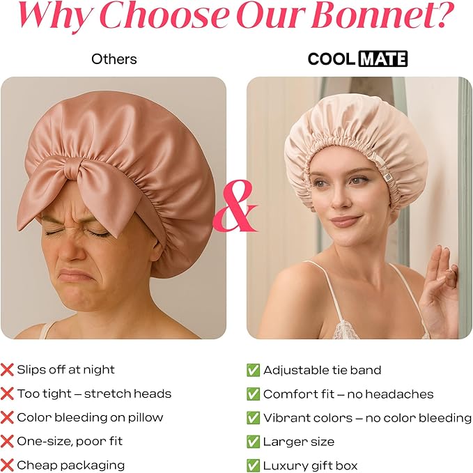 CoolMate Adjustable Satin Silk Bonnet for Sleeping Women, Tie Double Lined Silk Bonnet for Women Long Hair