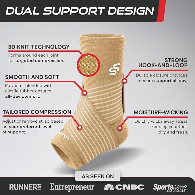 Sleeve Stars Ankle Brace for Women & Men, Ankle Wrap for Sprained Ankle, Compression Sleeve for Plantar Fasciitis Relief, Easy Customizable Support: w/Removable Strap (Single/M:10"-12"/Beige)