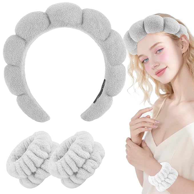 Zkptops Spa Headband for Washing Face Wristband Set Sponge Makeup Skincare Terry Cloth Bubble Soft Get Ready Hairband for Women Girl Puffy Padded Headwear Non Slip Thick Hair Accessory(Grey-2)