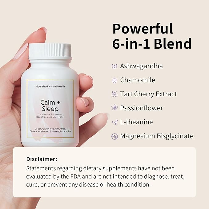 Nourished Natural - Calm + Sleep Capsules for Deep Rest & Relaxation with Ashwagandha, Chamomile, Tart Cherry Extract, Passionflower, L-theanine, & Magnesium - 360 Capsules
