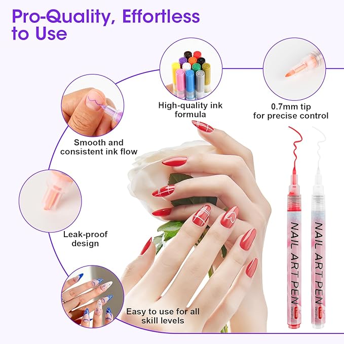 Pintada 12-Color 0.7mm Fine Tip Nail Art Pen Set with 13 Sheets Nail Stickers - Waterproof Quick-Drying Nail Art Markers for DIY Nail Design, Greeting Cards, Object Painting, Holiday Doodling