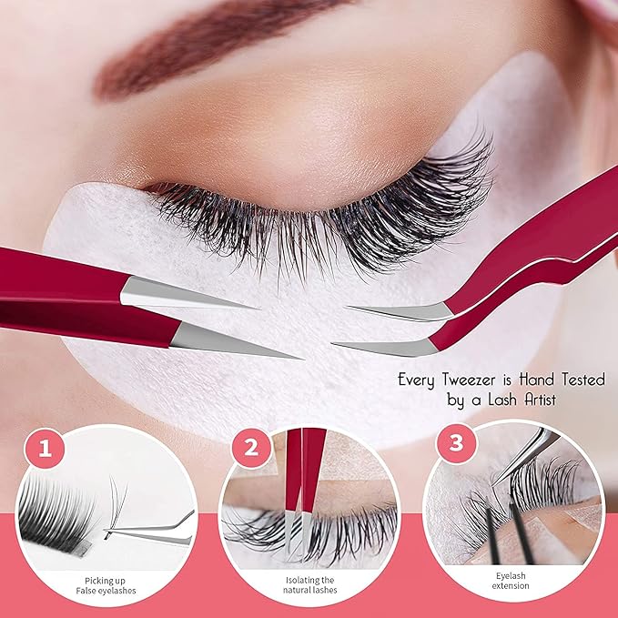 SIVOTE Eyelash Extension Tweezers for Classic & Volume Lashes, 2-Pack, Red