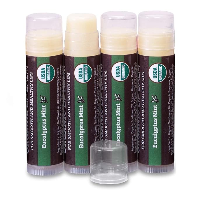 Earth's Daughter USDA Organic Lip Balm 4-Pack Eucalyptus Mint Flavor - Beeswax, Coconut Oil, Vitamin E - Best Lip Repair Chapstick for Dry Cracked Lips.