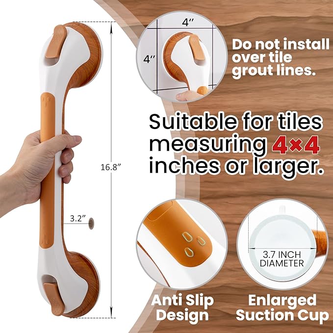 TAILI Grab Bars for Bathtubs and Showers 2 Pack Suction Grab Bar, Heavy Duty Shower Handle Removable Bath Handrails for Seniors and Elderly, Bathroom Safety Grip No Drilling Waterproof,Wood Grain